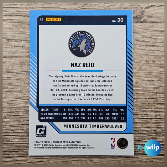 020 Naz Reid, Minnesota Timberwolves 2024/2025 Donruss Optic Basketball Panini Trading Card