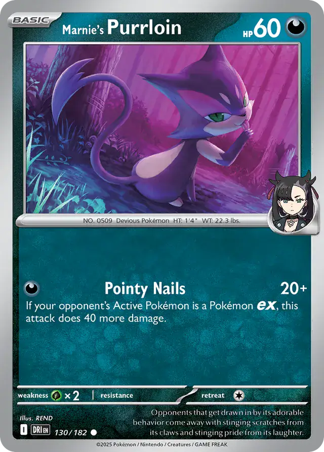 130/182 Marnie's Purrloin Destined Rivals Pokémon Card