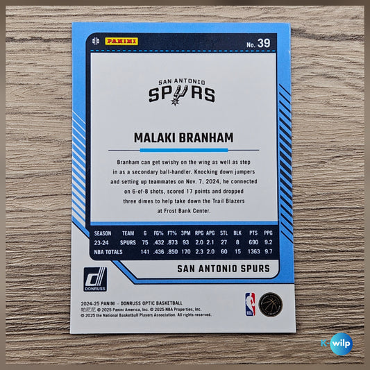 039 Malaki Branham, San Antonio Spurs 2024/2025 Donruss Optic Basketball Panini Trading Card