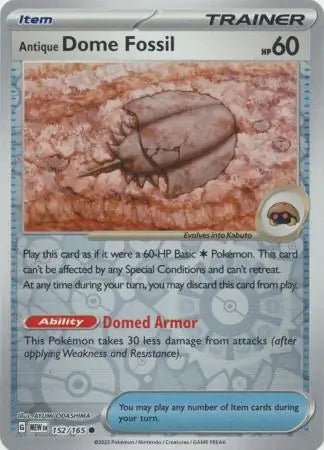 152/165 Antique Dome Fossil Reverse Holo 151 Pokémon Card