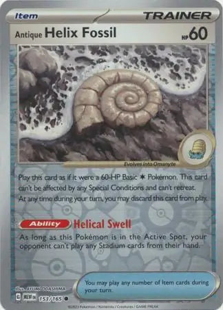 153/165 Antique Helix Fossil Reverse Holo 151 Pokémon Card