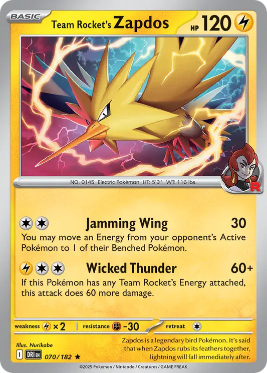 070/182 Team Rocket's Zapdos Destined Rivals Pokémon Card