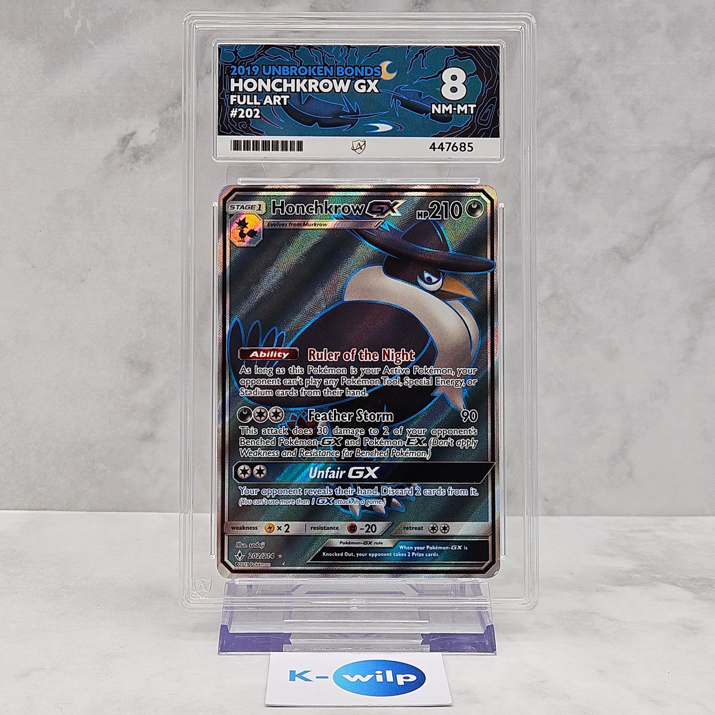 Honchkrow GX 202/214 English Unbroken Bonds Full Art Pokémon Card ACE Graded 8
