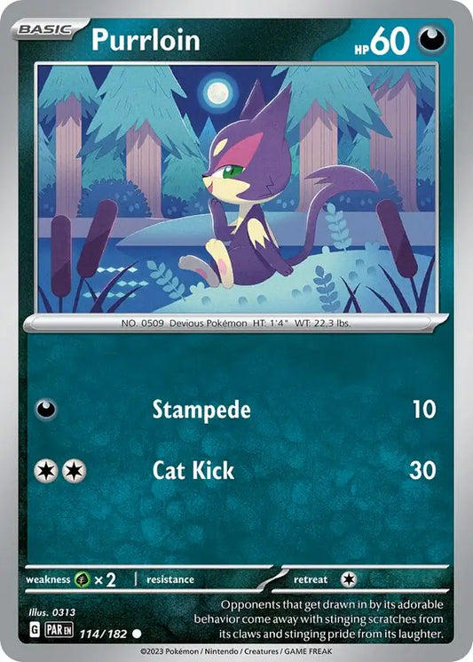 114/182 Purrloin Paradox Rift Pokémon Card