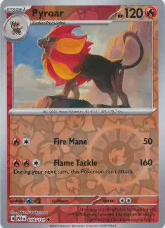 016/131 Pyroar Reverse Holo Prismatic Evolutions Pokémon Card