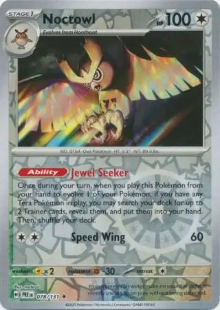 078/131 Noctowl Reverse Holo
Prismatic Evolutions Pokémon Card