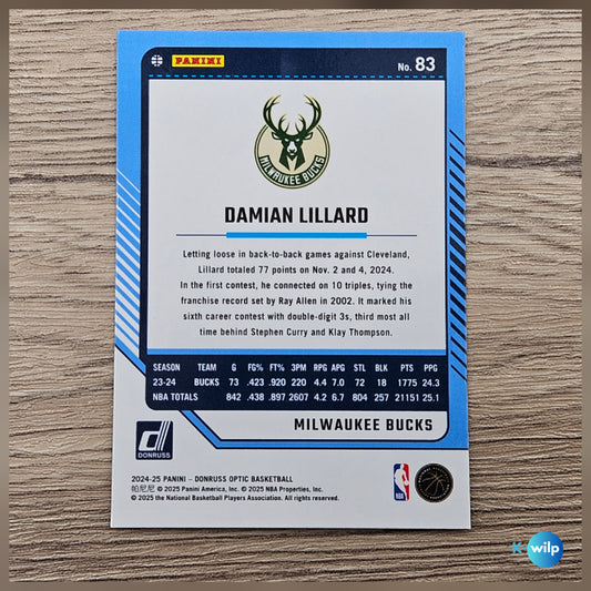 083 Damian Lillard, Milwaukee Bucks 2024/2025 Donruss Optic Basketball Panini Trading Card