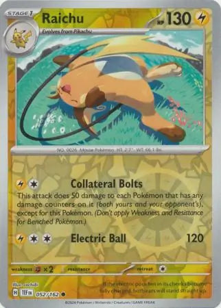 052/162 Raichu Reverse Holo Temporal Forces Pokémon Card