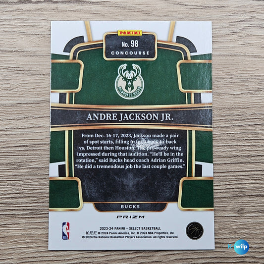 098 Andre Jackson Milwaukee Bucks Green White Purple Concouse Prizm Concourse 2023-24 Panini Select NBA Trading Card