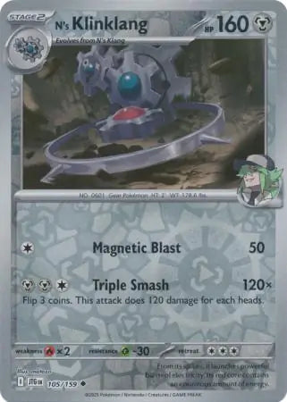 105/159 N's Klinklang Reverse Holo Journey Together Pokémon Card