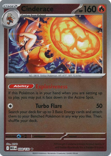 028/132 Cinderace Reverse Holo Mega Evolution Pokémon Card