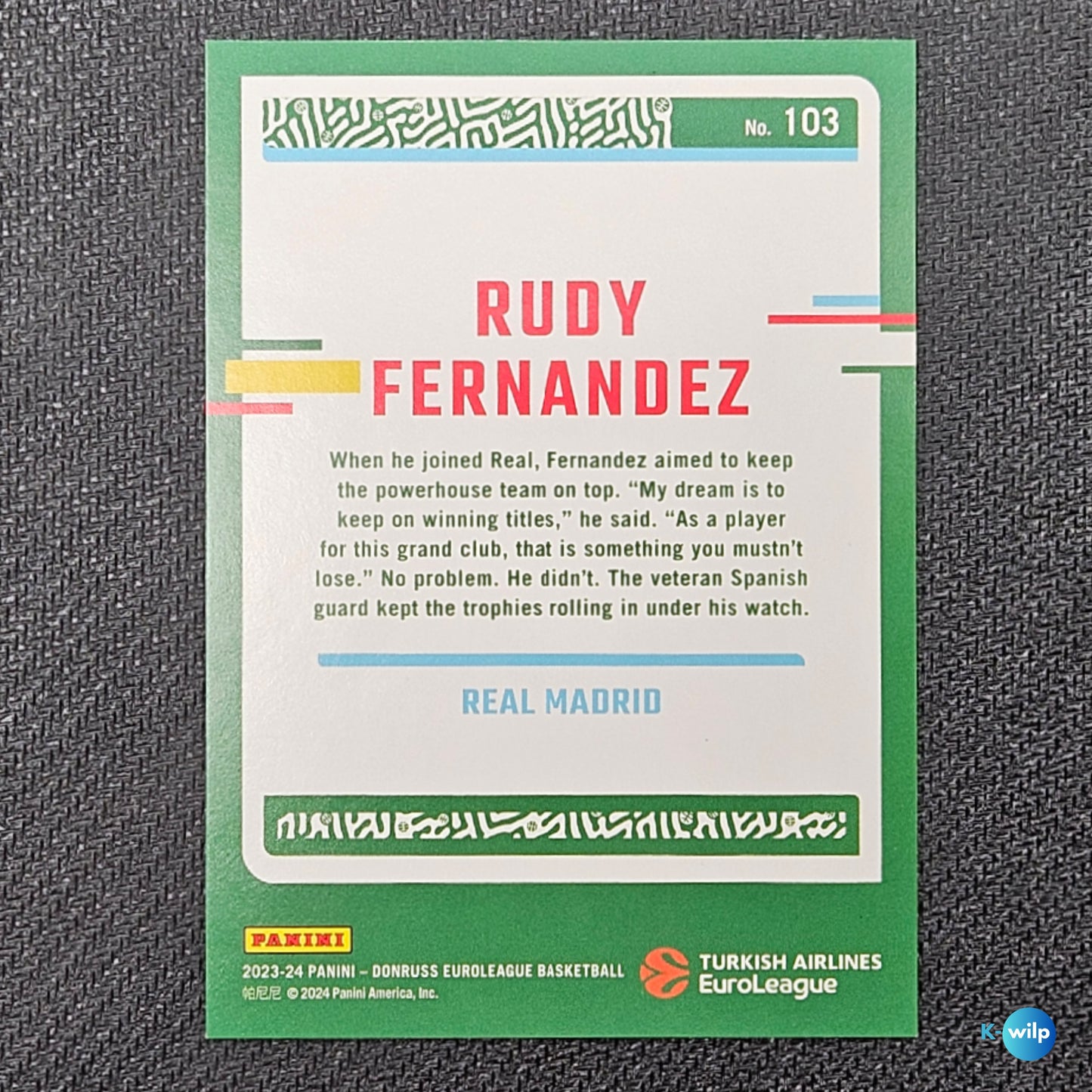 Rudy Fernandez Serial Numbered 148/249 Donruss 2023/24 EuroLeague #103 Real Madrid Basketball Card