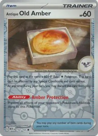 154/165 Antique Old Amber Reverse Holo 151 Pokémon Card