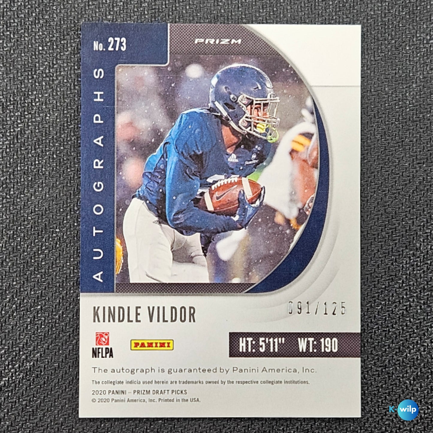 Kindle Vildor Autograph & Serial Numbered 091/125 Panini 2020 Prizm Draft Picks Kindle Vildor #273 Rookie NFL American Football Trading Card