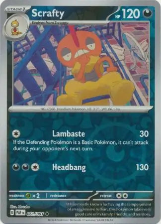 061/091 Scrafty Reverse Holo Paldean Fates Pokémon Card