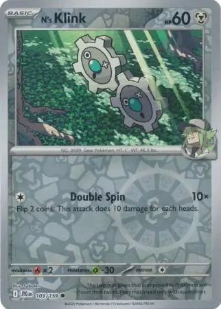 103/159 N's Klink Reverse Holo Journey Together Pokémon Card