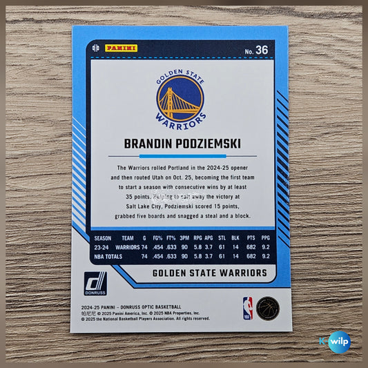 036 Brandin Podziemski, Golden State Warriors 2024/2025 Donruss Optic Basketball Panini Trading Card