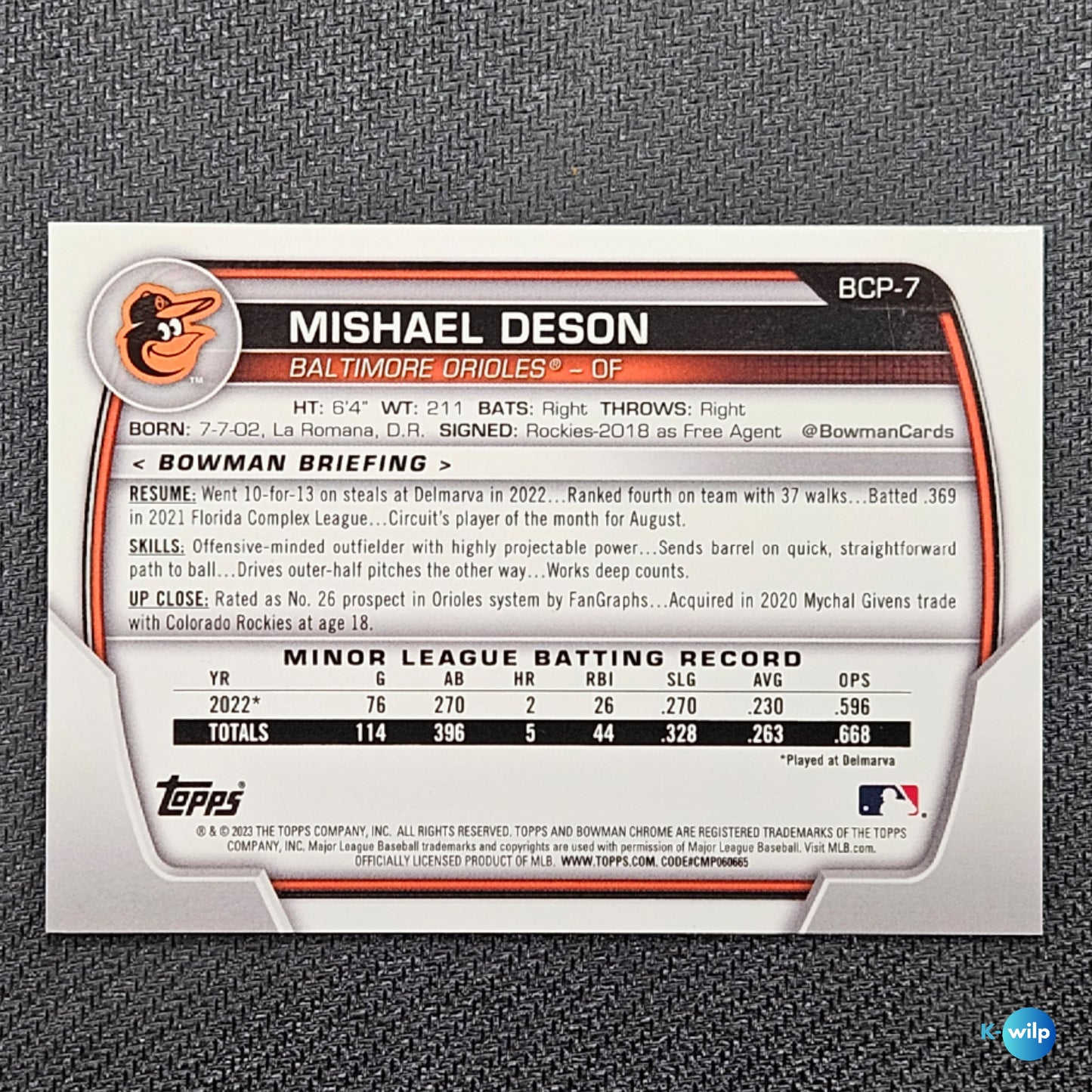 Mishael Denson Serial Numbered 188/250 Topps 2023 Bowman Chrome 1st Prospect Chrome #BCP-7 Baseball Trading Card