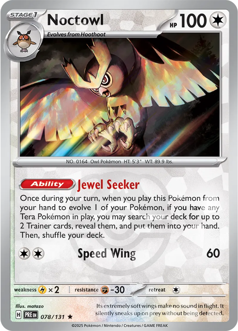 078/131 Noctowl Master Ball Holo
Prismatic Evolutions Pokémon Card