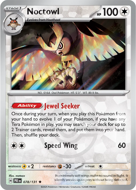 078/131 Noctowl Master Ball Holo
Prismatic Evolutions Pokémon Card