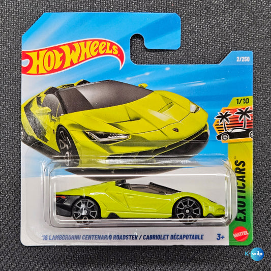2/250 '16 Lamborghini Centenario Roadster Exoticars 2026 Mainline Hot Wheels Short Card Mattel