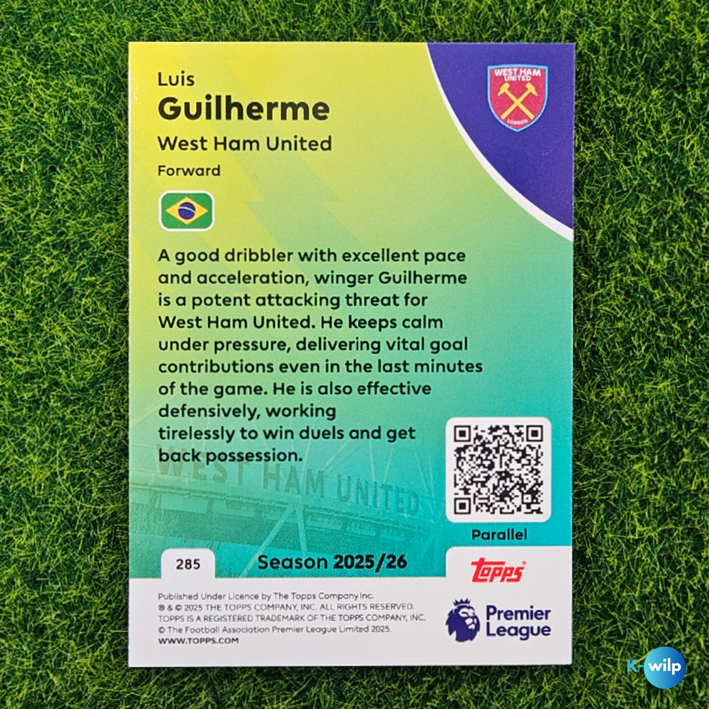 Luis Guilherme Numbered 082/499 West Ham Topps 2025/2026 Premier League Card Number #285 Football Card