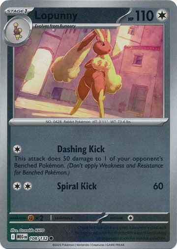108/132 Lopunny Reverse Holo Mega Evolution Pokémon Card