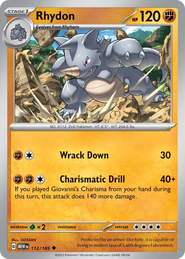 112/165 Rhydon 151 Pokémon Card